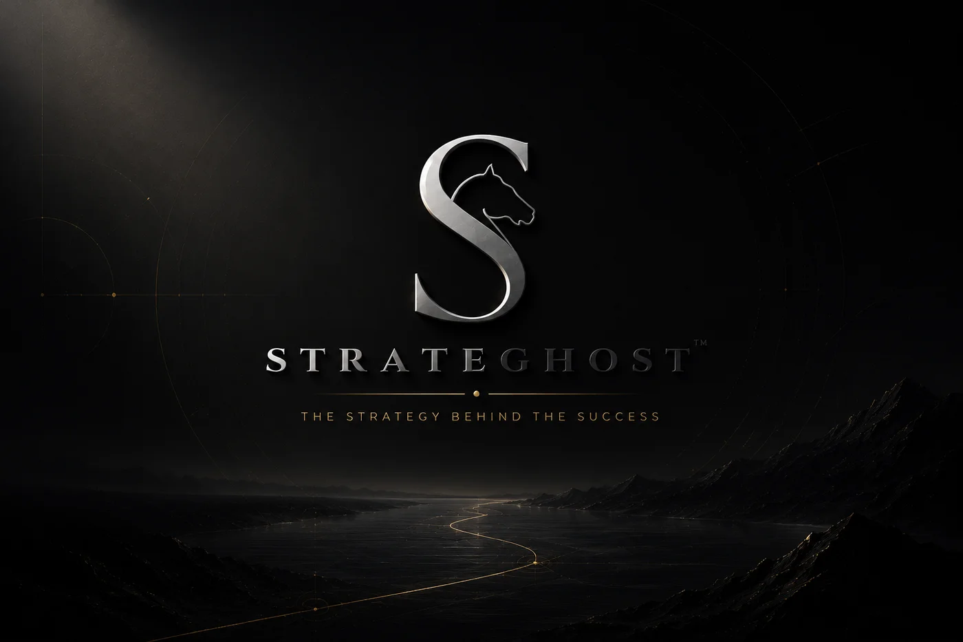 STRATEGHOST identity over a dark landscape traced with a fine gold path